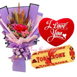 Everlasting Dried Flowers Bouquet, Heart-Shaped, "I Love You" Pillow, 6 x 100g Toblerone 
