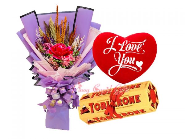 Everlasting Dried Flowers Bouquet, Heart-Shaped, "I Love You" Pillow, 6 x 100g Toblerone 