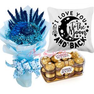 Everlasting Dried/Blue Flower Bouquet, "I Love to the Moon..." Pillow, 16 Ferrero Rocher Chocolate.