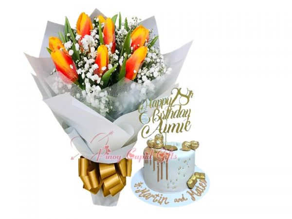 10 Orange Tulips & Special 7" x 5" Customizable Cake