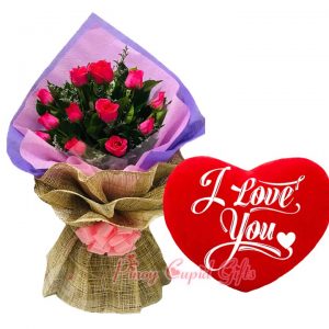 1 Dozen Pink/Red Roses Bouquet, Red, "I Love You" Pillow