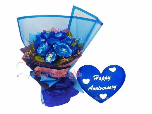 1 Dozen Blue Roses, Blue "Happy Anniversary" Pillow