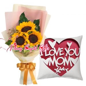 3 pcs Sunflower Bouquet, "I Love You Mom" Throw Pillow