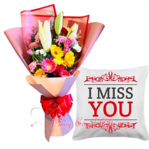 Mixed Flower Hand Bouquet, White, "I Miss You" Throw Pillow