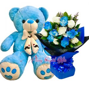 Mixed White/Blue Roses Bouquet, 2FT Blue Bear