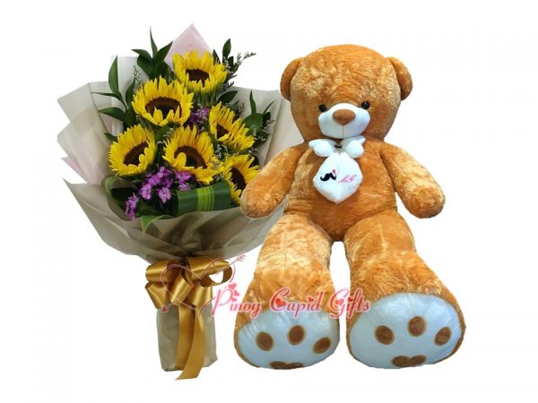 Life Size Giant Bear with Sunflower Bouquet