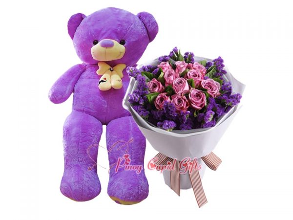 4FT Life-Size Purple Teddy Bear and 10 Imported Purple Roses Bouquet,