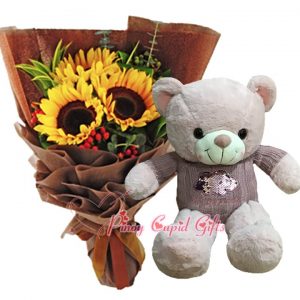 3 pcs Sunflower Bouquet, 22 Inches Teddy Bear