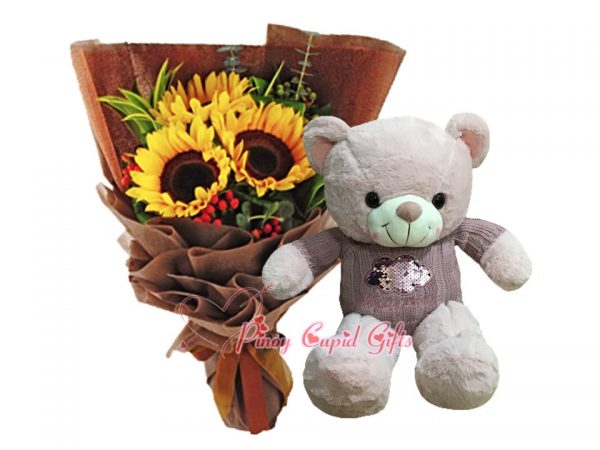 3 pcs Sunflower Bouquet, 22 Inches Teddy Bear