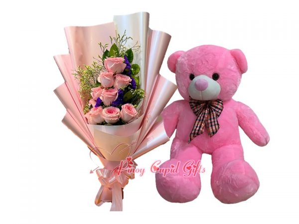 10 Imported Pink Roses  Bouquet, 3FT Pink Teddy Bear
