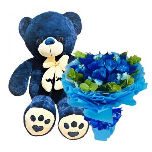 1 Dozen Blue Roses Bouquet, 2FT Navy Blue Teddy Bear