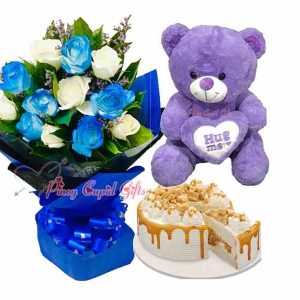 Mixed white/blue roses & 22" Teddy Bear, Red Ribbon Caramel Crunch Cake
