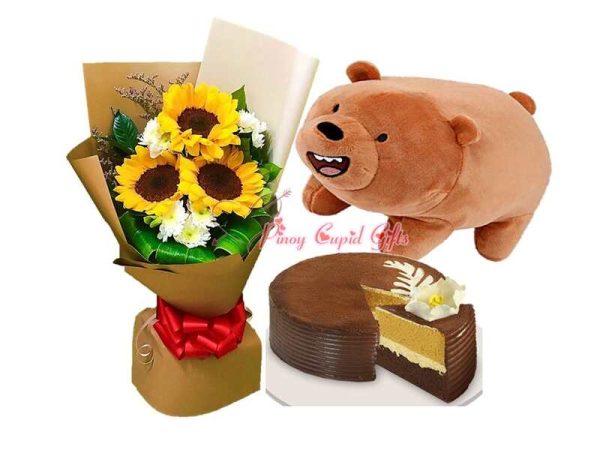 3pc sunflower bouquet, stuffed toy and Goldilocks Cappuccino Creme