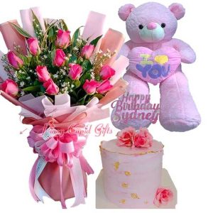1 Dozen Pink Roses Bouquet, 4FT Pink Love Heart Bear & Special customizable cake