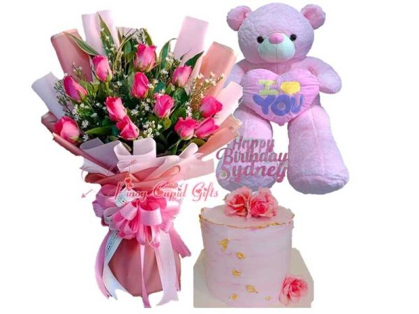 1 Dozen Pink Roses Bouquet, 4FT Pink Love Heart Bear & Special customizable cake