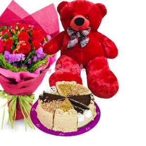 1 Dozen Roses, 2 FT Teddy Bear & Avocado Carousel Cake by Lia Cakes