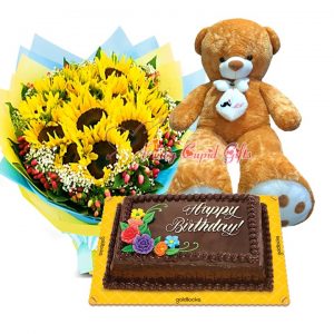10 pcs Sunflower Bouquet, Goldilocks 8x12 Chocolate Dedication Cake, 5T Brown Life-Size Bear