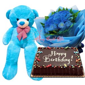 1 Dozen Blue Roses Bouquet, 4FT Blue Teddy Bear, 8x12 Chocolate Dedication Cake