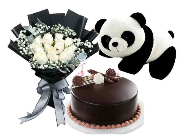 10 White Roses Bouquet, 20 Inches Crawling Panda Bear, & All About Chocolate Cake by Goldilocks 