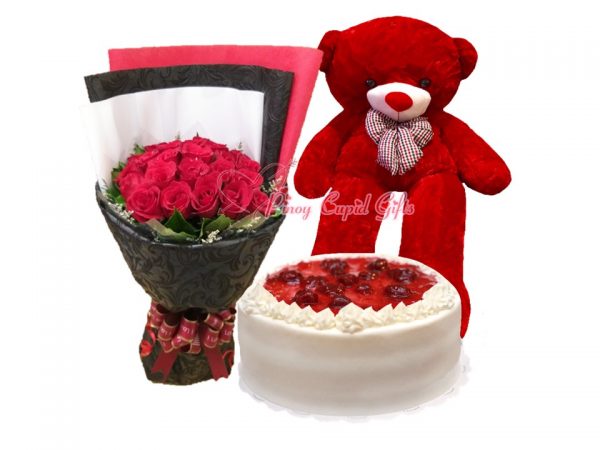 2 Dozen Red Roses Bouquet, 4 FT RedTeddy Bear & Conti's Strawberry Shortcake
