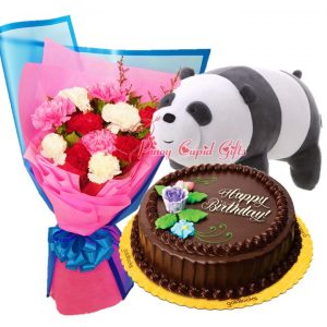 Mixed Carnations Bouquet, 14 inches Panda Bear & GD Chocolate Chiffon Round Cake