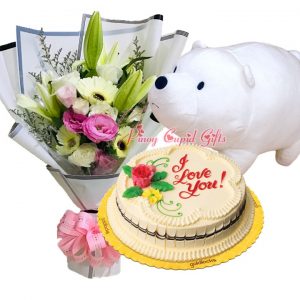 Mixed Carnations Bouquet, 14" White Ice Bear, & Goldilocks Chocolate Chiffon Cake