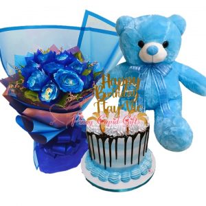 1 Dozen Blue Roses Bouquet, 22 Inches Blue Teddy Bear Luscious Special 7″ x 5″ Customizable Cake