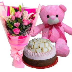 Mixed Pink Roses/Lillies Bouquet, White Chocolate Truffle Berry Cheesecake by Banapple & 22 Inches Pink Teddy Bear