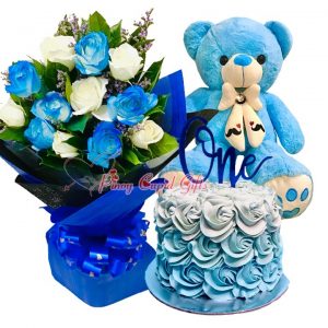 1 Dozen Blue/White Roses Bouquet, 2 FT Blue Teddy Bear, & Special customizable cake