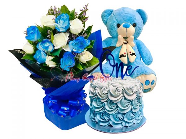 1 Dozen Blue/White Roses Bouquet, 2 FT Blue Teddy Bear, & Special customizable cake