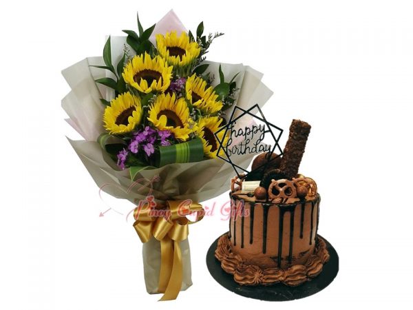 6pcs Sunflower Bouquet & Special Chocolate moist Cake