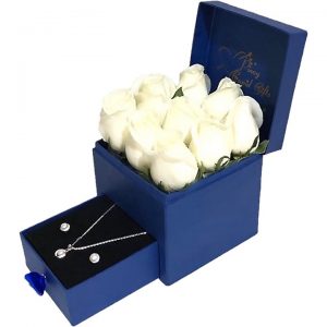 White Imported Roses with Sterling Silver Pearl Set in a gift box