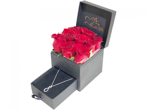 Red Roses and Sterling Silver Infinity Necklace in a special gift box
