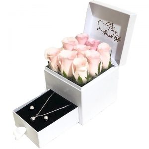 Imported Pink Roses with Sterling Silver Pearl Set in a gift box