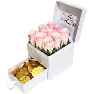 Imported Pink Roses with Gold Coins chocolate in a gift box