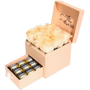 Imported Peach Roses with Hershey’s Nuggets chocolates in a special gift box