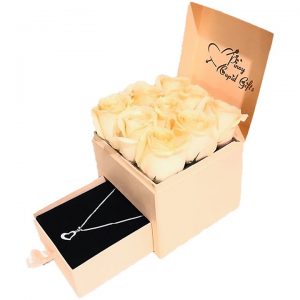 Imported Peach Roses and Open Heart Silver Necklace in a gift box