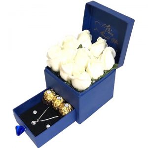 White Roses, Pearl Set and Ferrero Chocolate in a gift box