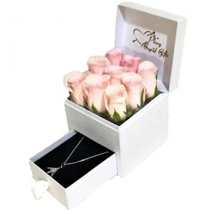 Imported Pink roses with Eiffel Tower Silver Necklace in a special gift box