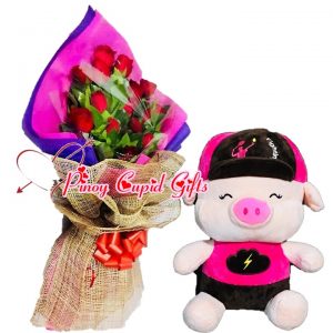 1 Dozen Red Roses Bouquet, 10 inches Fighting Pig – Pink
