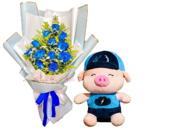 1 Dozen Blue Roses Bouquet, 10 inches Fighting Pig – Blue