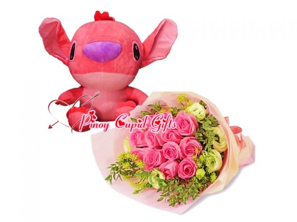 10 Imported Pink Roses Bouquet, 17 inches Stuffed Toy-Pink