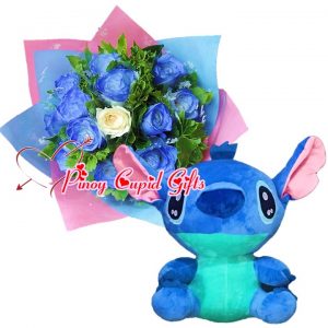 1 Dozen Blue Roses Bouquet, 17 inches Stuffed Toy – Blue