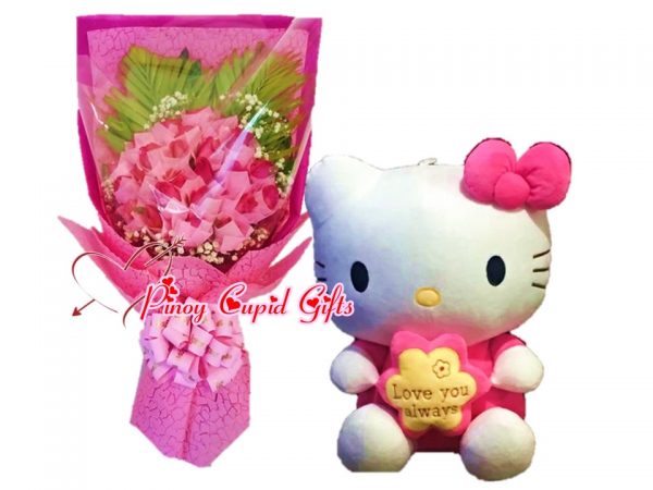 2 Dozen Pink Roses in Hand Bouquet 16 inches H-Kitty Stuffed Toy 05 – Pink
