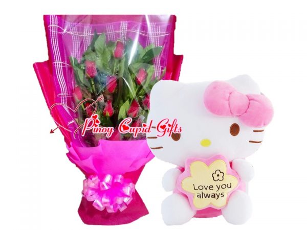 1 Dozen Red Roses Bouquet, 2FT Pink H-Kitty Stuffed Toy