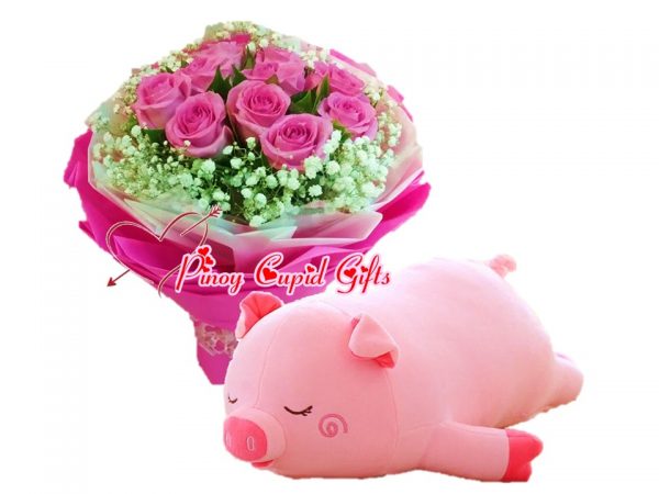10 Imported Pink Roses Bouquet, Porky Pig Stuffed Toy - 22 inches
