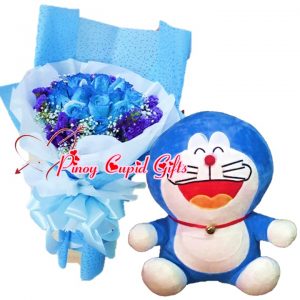 1 Dozen Blue Roses Bouquet, 13 inches Doreman Stuffed Toy 06-Blue