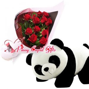 1 Dozen Red Roses Bouquet,2FT Crawling Panda Bear
