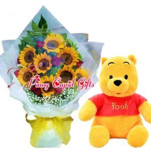 Mixed Roses & Sunflower Bouquet, Yellow Stuffed Toy (17″ inches)