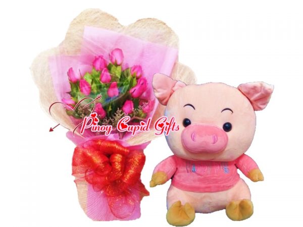 1 Dozen Pink Roses Bouquet, Happy Pig Stuffed Toy (16 inches)